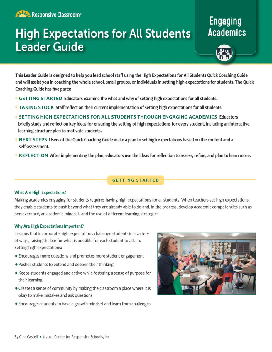 Quick Coaching Guide High Expectations for All Students Center for Responsive Schools