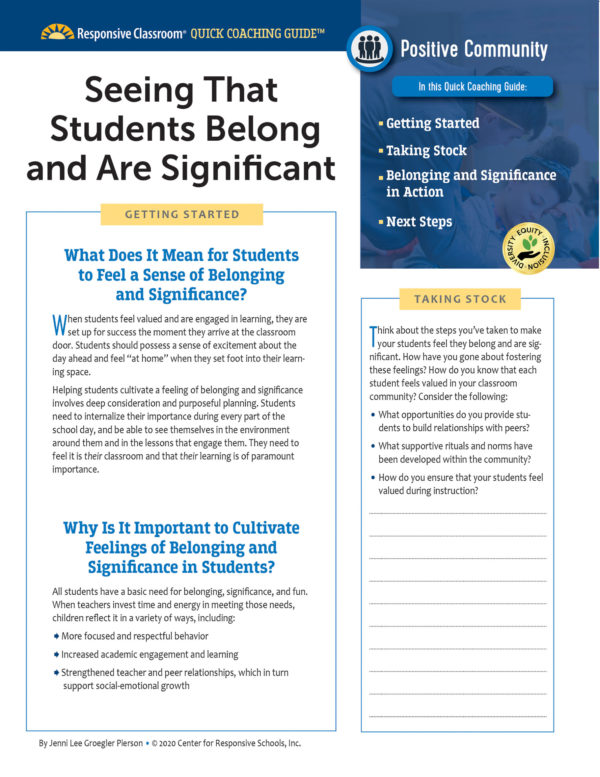 Quick Coaching Guide: Seeing That Students Belong and Are Significant